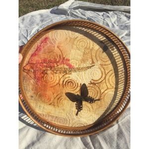 Vintage bamboo butterfly tray dried floral real entomology rattan coffee table